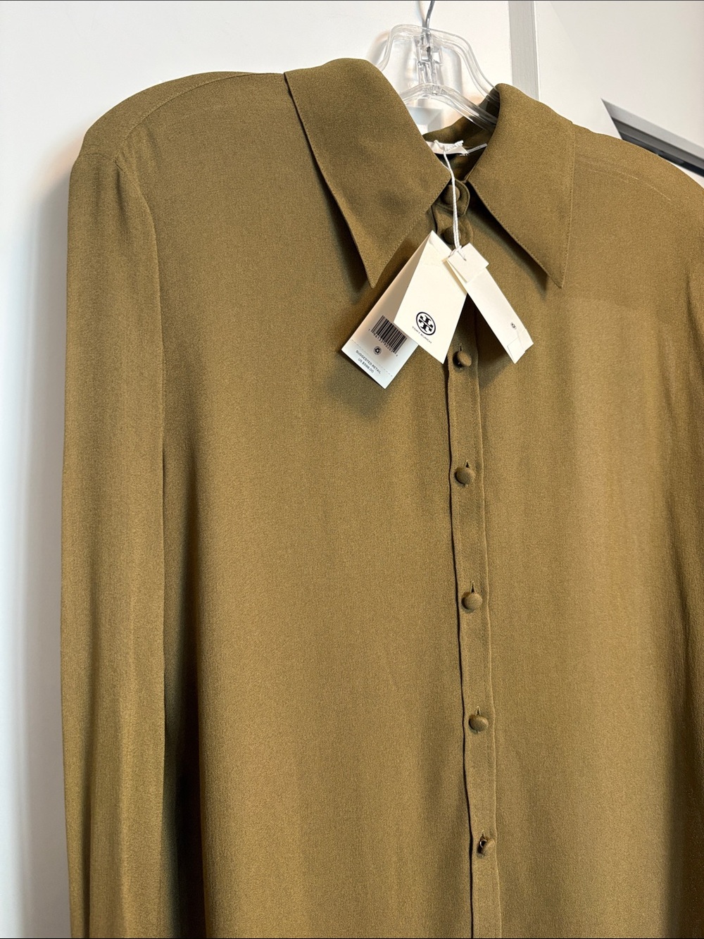 NWT [Tory Burch] Cuffed Viscose Button-Up Long-Sleeve Shirt Ash Green Women’s 4 - Picture 11 of 16